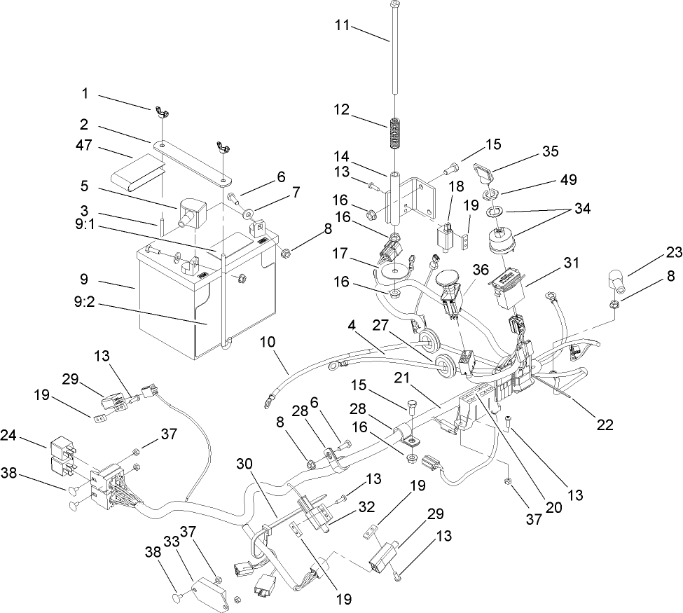 Electrical System Assembly Diagram and Parts List for 74414 (260000001-260999999)(2006) Toro Lawn Mower