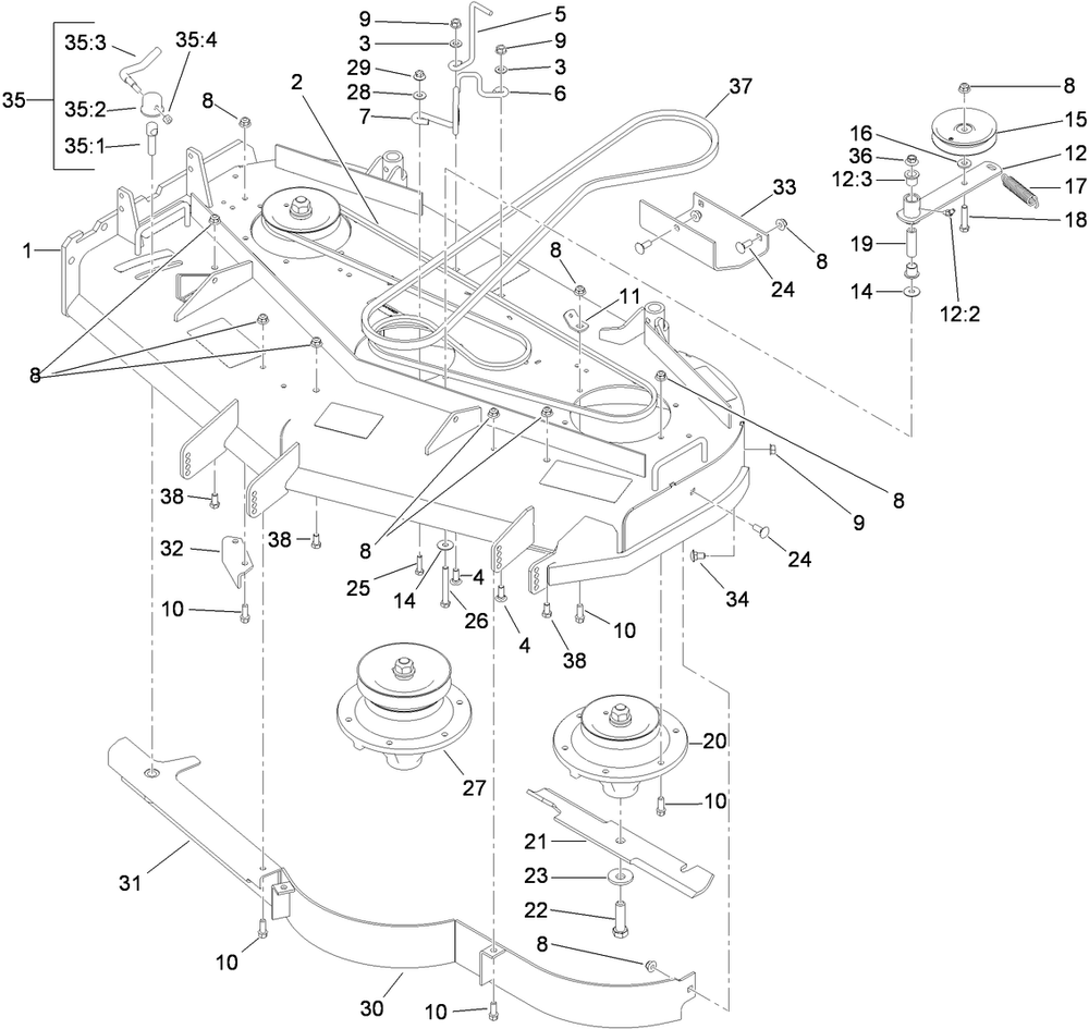 Deck Drive And Baffle Assembly Diagram and Parts List for 30488 (311000001-311999999)(2011) Toro Lawn Mower