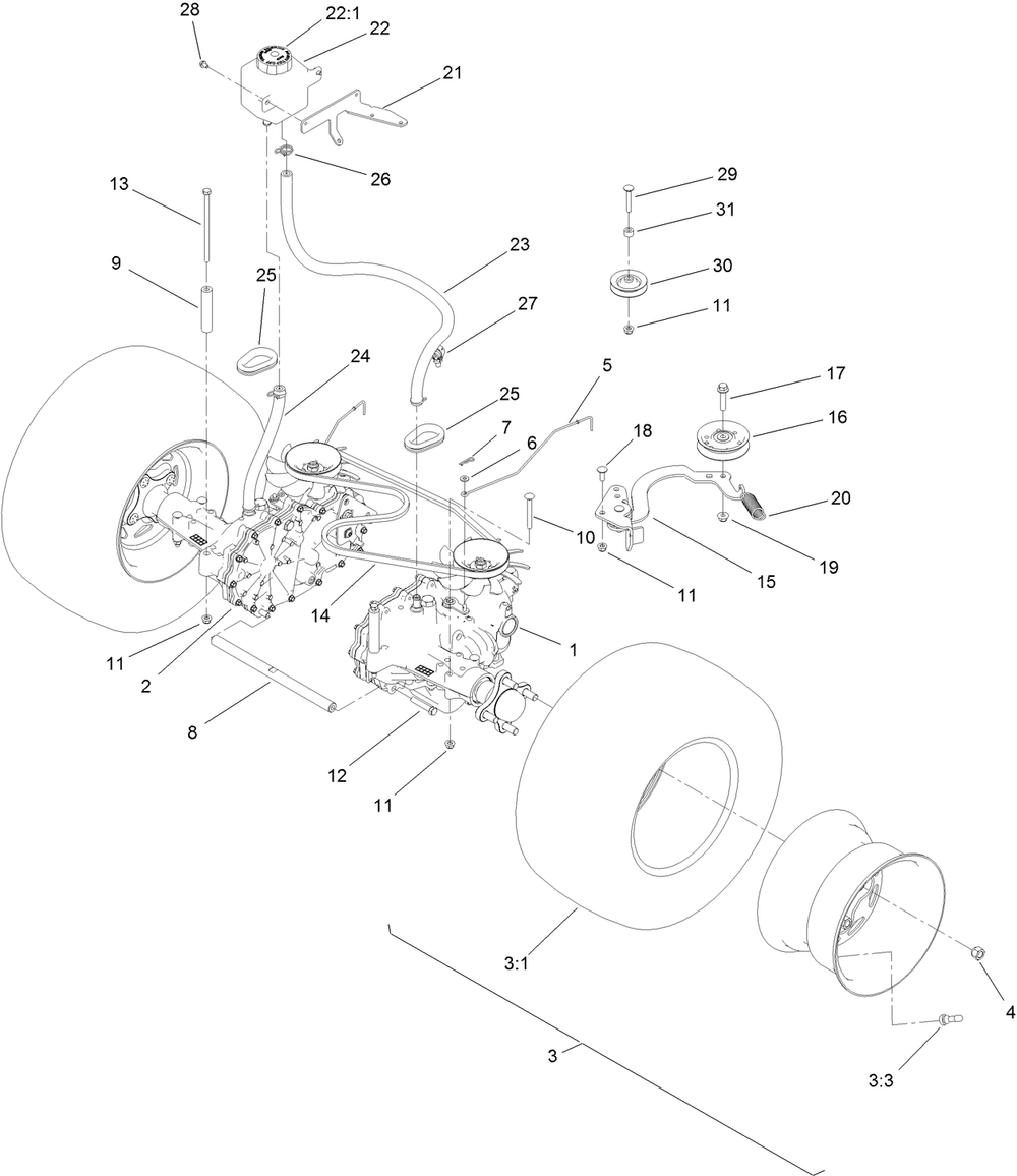 Transmission Assembly Diagram and Parts List for 44430 406914110-406914137 Toro Lawn Mower