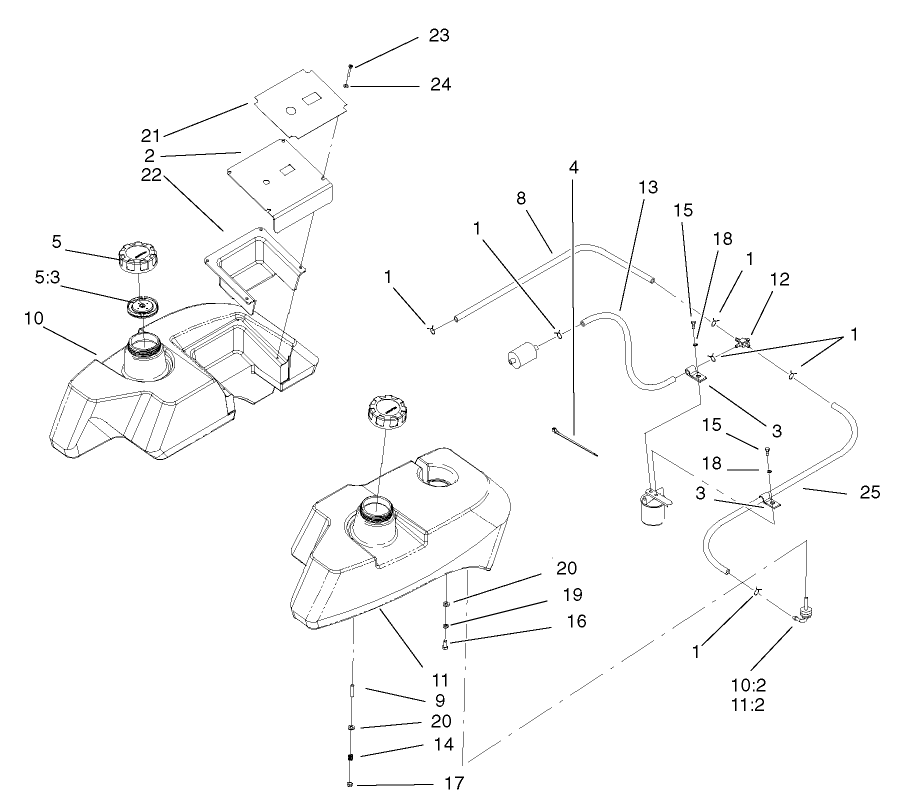 Fuel System Assembly Diagram and Parts List for 74231 (230000001-230006000)(2003) Toro Lawn Mower