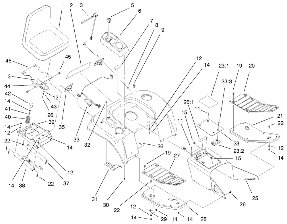 Fender, Footrest And Seat Assembly Diagram and Parts List for 73560 8900001 - 8999999 Toro Lawn Tractor