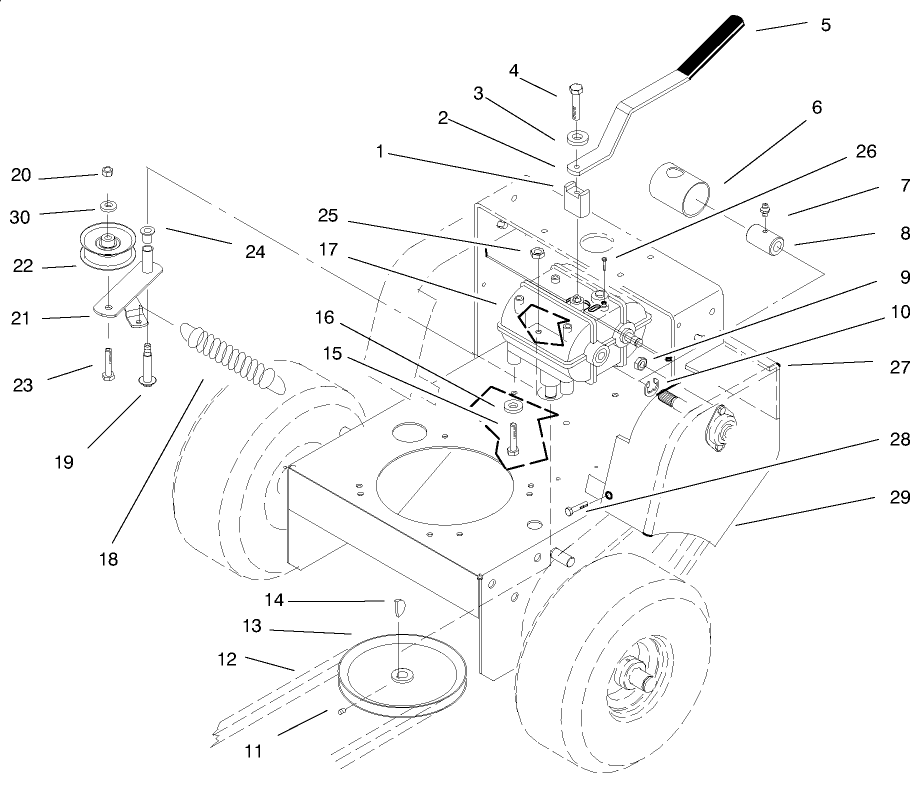Transmission, Idler, Drive Pulleys & Drive Belt Diagram and Parts List for 30165 990001 - 999999 Toro Lawn Tractor Accessories