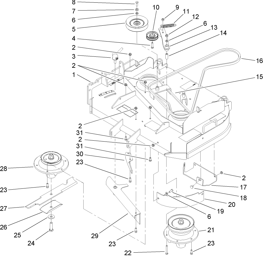 Deck Drive And Baffle Assembly Diagram and Parts List for 38494 (290000001-290999999)(2009) Toro Lawn Mower