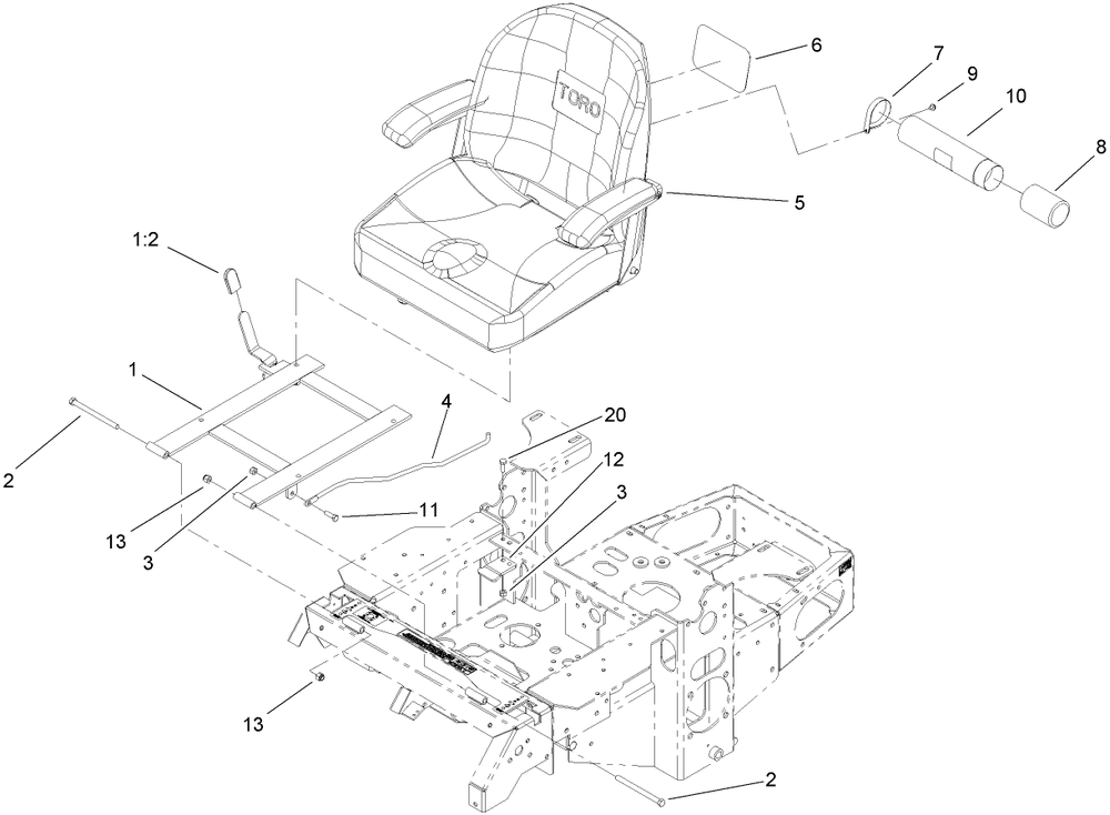 Seat And Bracket Assembly Diagram and Parts List for 74416 (270002001-270999999)(2007) Toro Lawn Mower