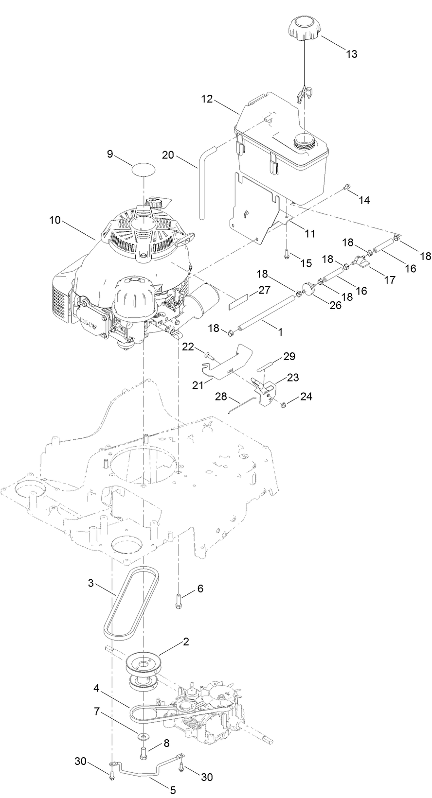 Engine And Fuel Tank Assembly Diagram and Parts List for 22207 407300000-410099999 Toro Lawn Mower