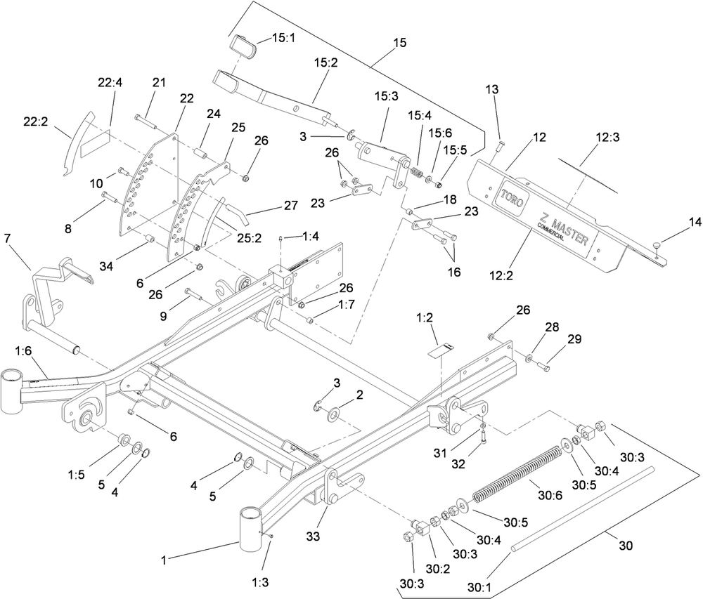 Front Frame Assembly Diagram and Parts List for 74274CP (312000001-312999999)(2012) Toro Lawn Mower