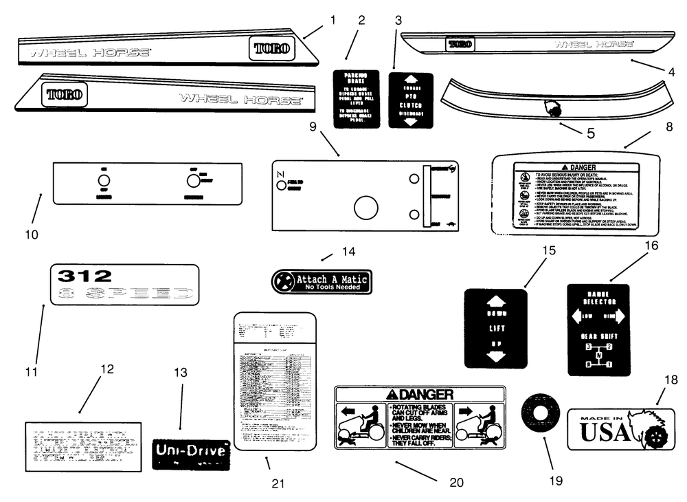 Decals Diagram and Parts List for 73362 6900001 - 6999999 Toro Lawn Tractor