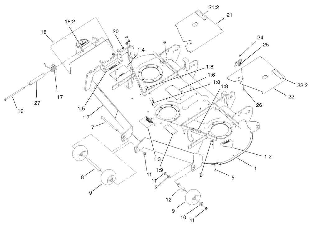 Deck, Deflector And Wheels Assembly Diagram and Parts List for 74228 (210000001-210999999)(2001) Toro Lawn Mower