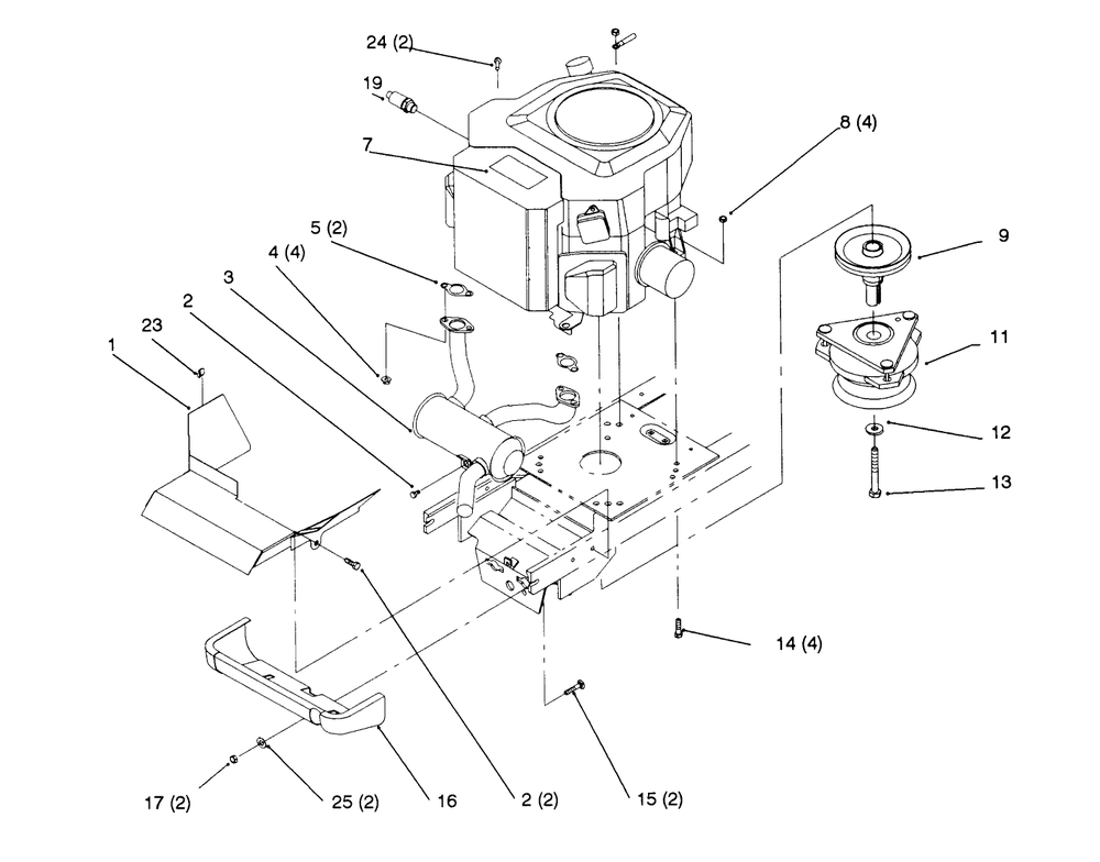 Twin Cylinder Engine, Muffler, And P.T.O. Diagram and Parts List for 72042 5900001 - 5900796 Toro Lawn Tractor