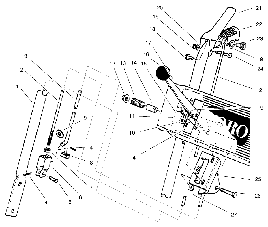 Handle Assembly Right Side Diagram and Parts List for 38072 7900001 - 7999999 Toro Snow Blower
