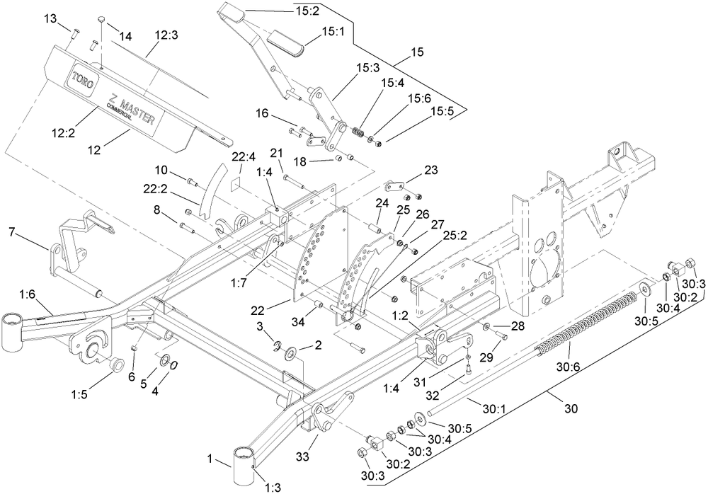Front Frame Assembly Diagram and Parts List for 74281TE (270000301-270999999)(2007) Toro Lawn Tractor