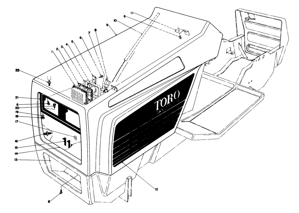 Hood Assembly Diagram and Parts List for 57365 7000001 - 7999999 Toro Lawn Tractor