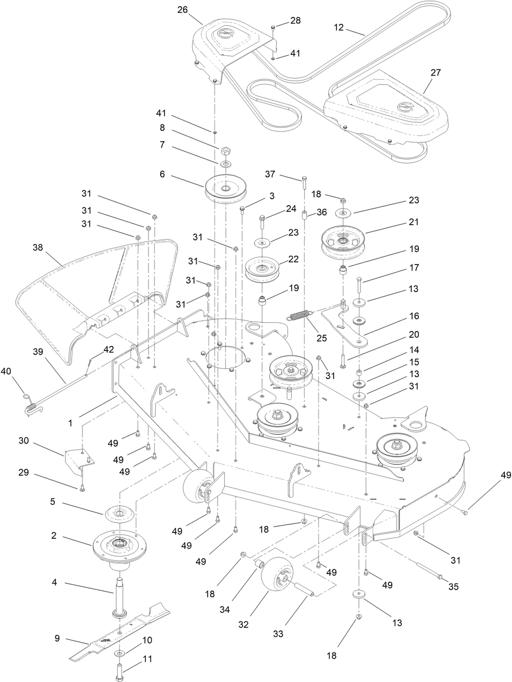 Deck Assembly Diagram and Parts List for 44427 406959897-406959899 Toro Lawn Mower