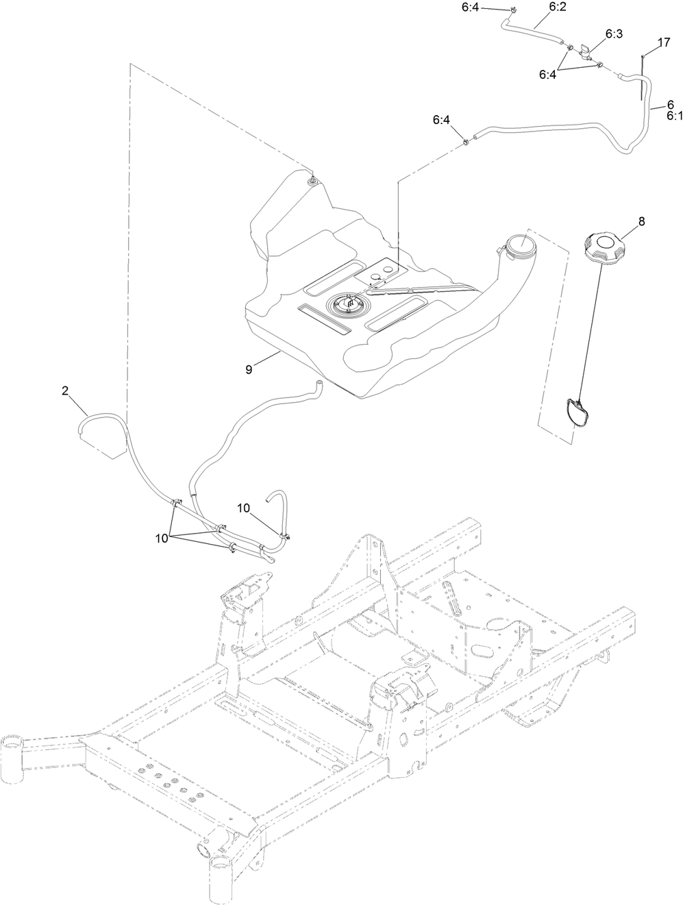 Fuel Tank And Vent Hose System Assembly Diagram and Parts List for 74463 400000000-402099999 Toro Lawn Tractor