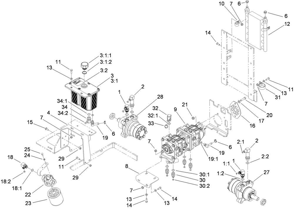 Hydraulic Tank, Pump And Motor Assembly Diagram and Parts List for 74274 (312000001-312999999)(2012) Toro Lawn Mower