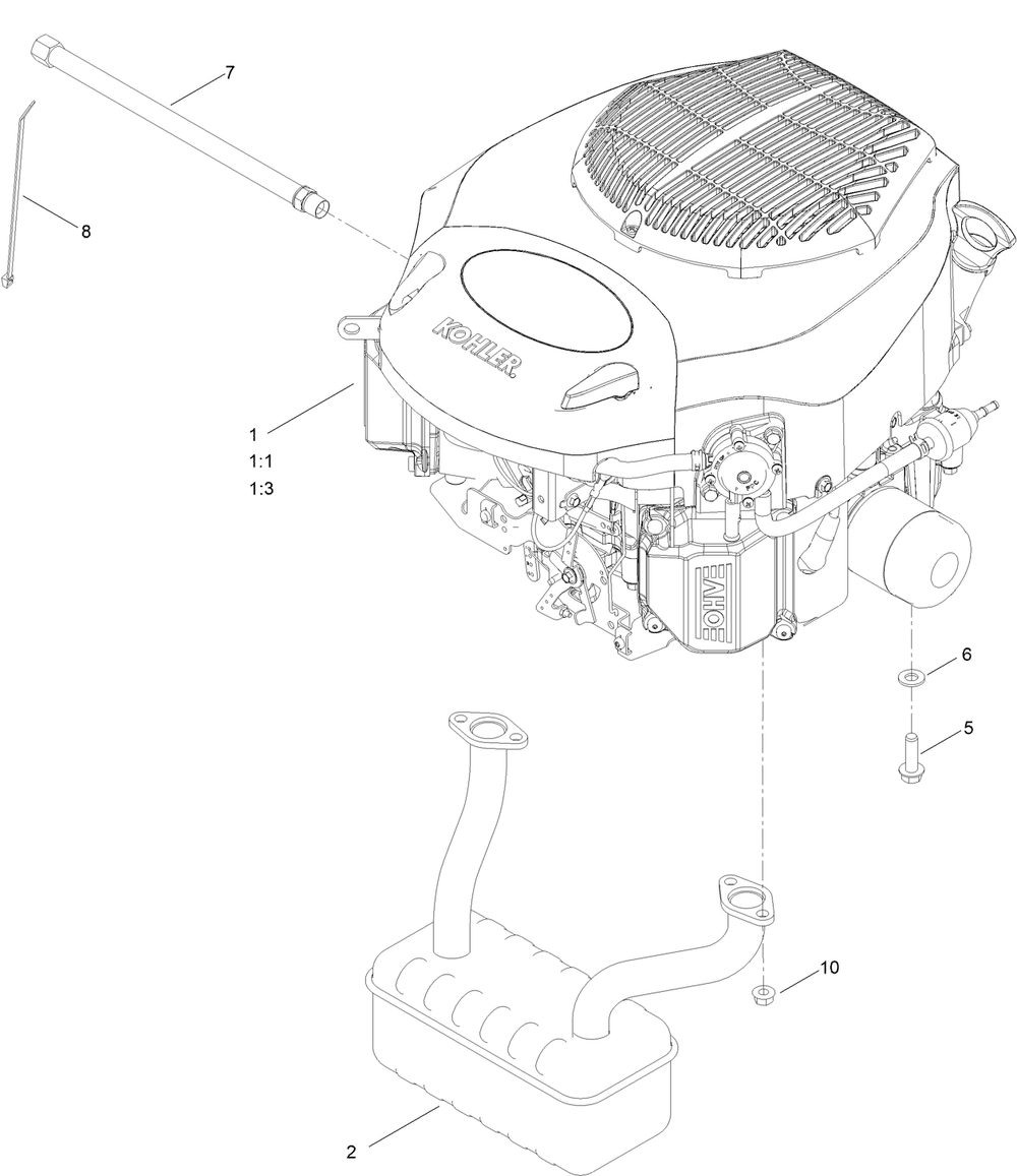 Engine And Muffler Assembly Diagram and Parts List for 75747W 412090000 - 999999999 Toro Lawn Tractor