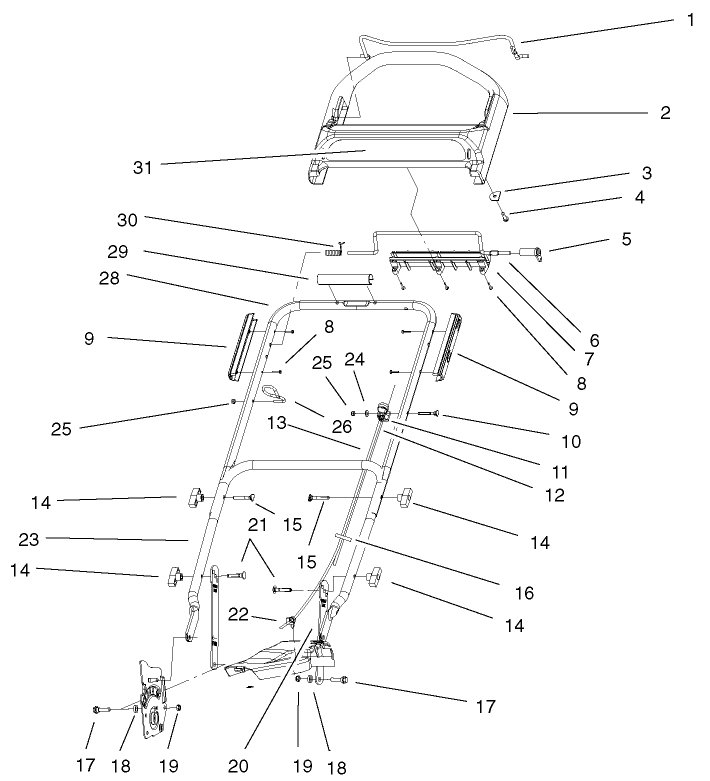 Handle & Controls Assembly Diagram and Parts List for 20061 9900001 - 9999999 Toro Lawn Mower