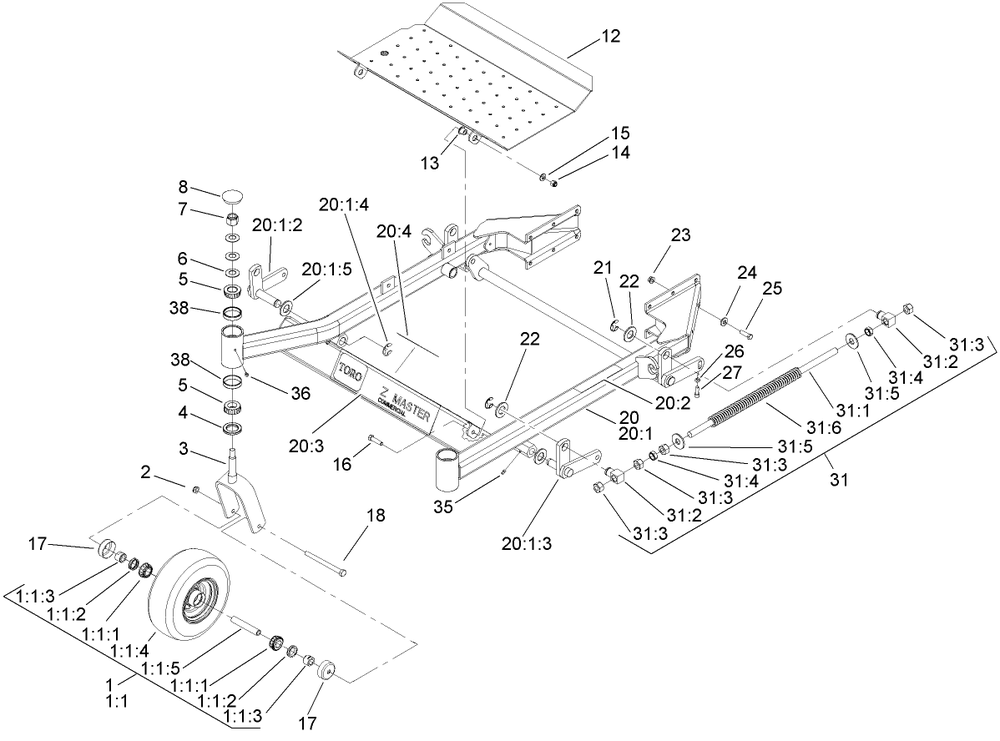Front Frame Assembly Diagram and Parts List for 74418TE (270002001-270999999)(2007) Toro Lawn Mower
