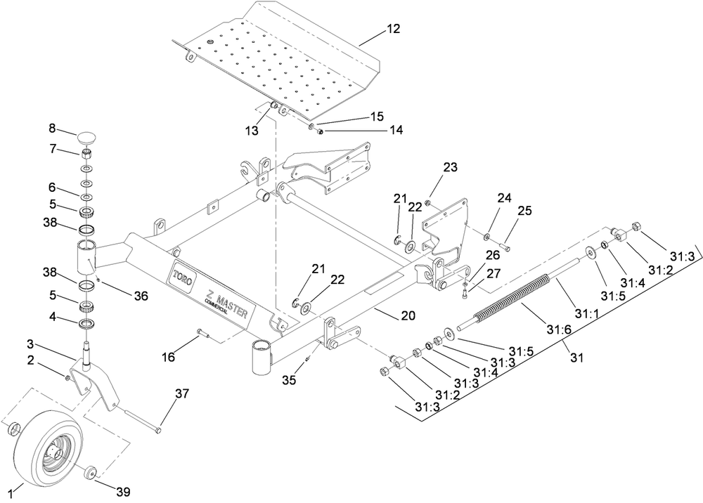 Front Frame And Caster Wheel Assembly Diagram and Parts List for 74450TE (290000001-290999999)(2009) Toro Lawn Mower