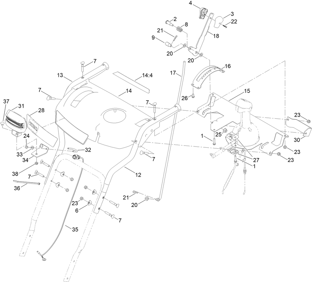 Handle Assembly Diagram and Parts List for 37799 413000000 - 414399999 Toro Snow Blower
