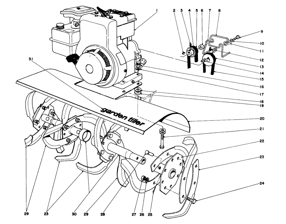 Tine And Engine Assembly Diagram and Parts List for 58013 4000001 - 4999999 Toro Tiller