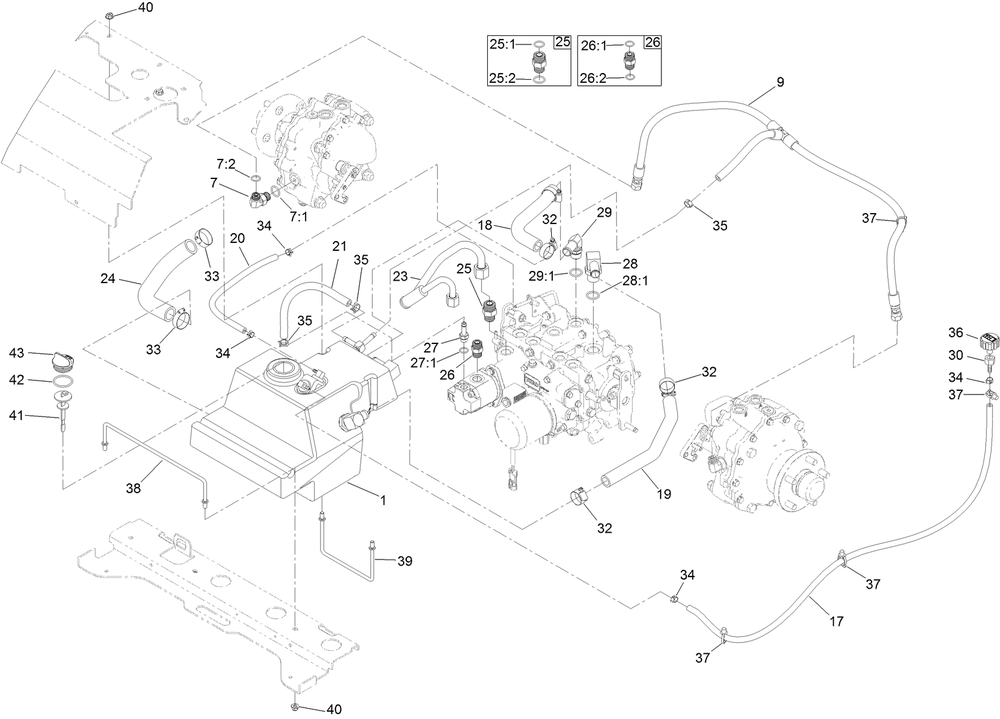 Hydraulic Tank And Hose Assembly Diagram and Parts List for 74072 400000000-403226743 Toro Lawn Mower
