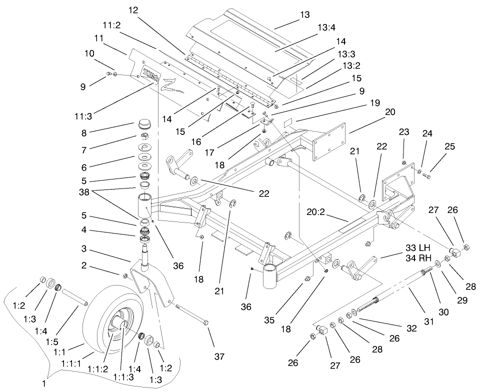 Front Frame Assembly Diagram and Parts List for 74171 (990001-999999)(1999) Toro Lawn Mower