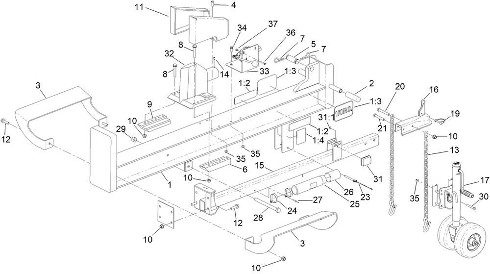 Frame And Jack Assembly Diagram and Parts List for 22618HD 407700000-407799999 Toro Log Splitter