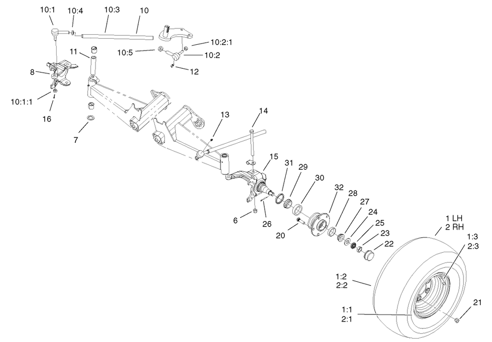 Front Tire And Steering Assembly Diagram and Parts List for 12004TC 220000001 - 220999999 Toro Lawn Tractor