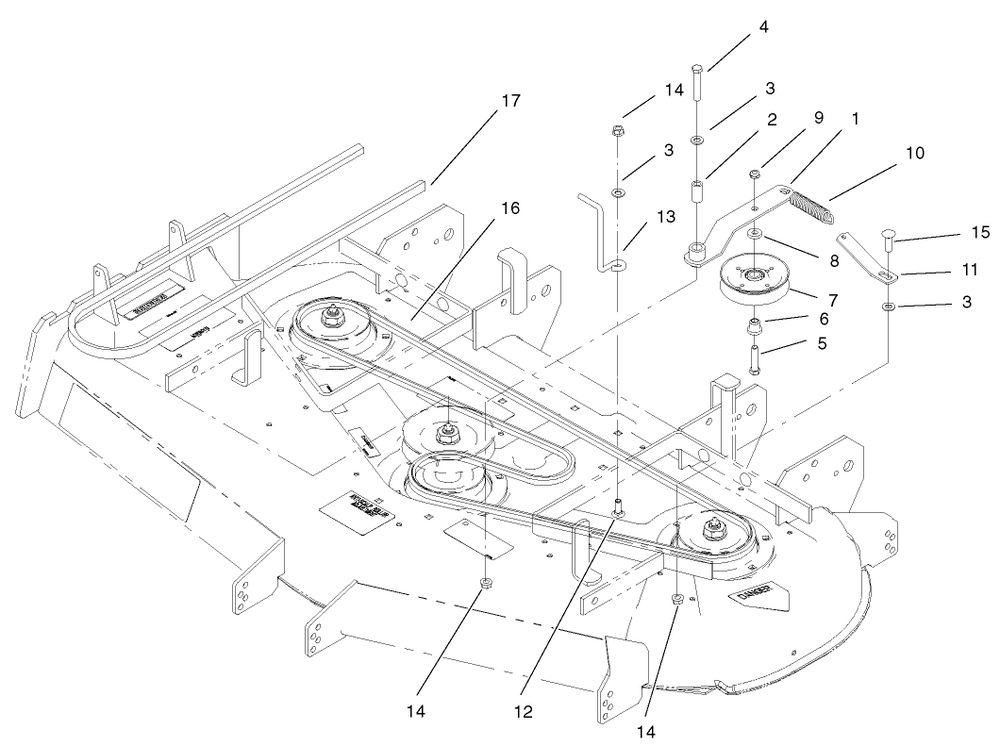 Deck, Belts And Idler Arm Assembly Diagram and Parts List for 74228 (210000001-210999999)(2001) Toro Lawn Mower