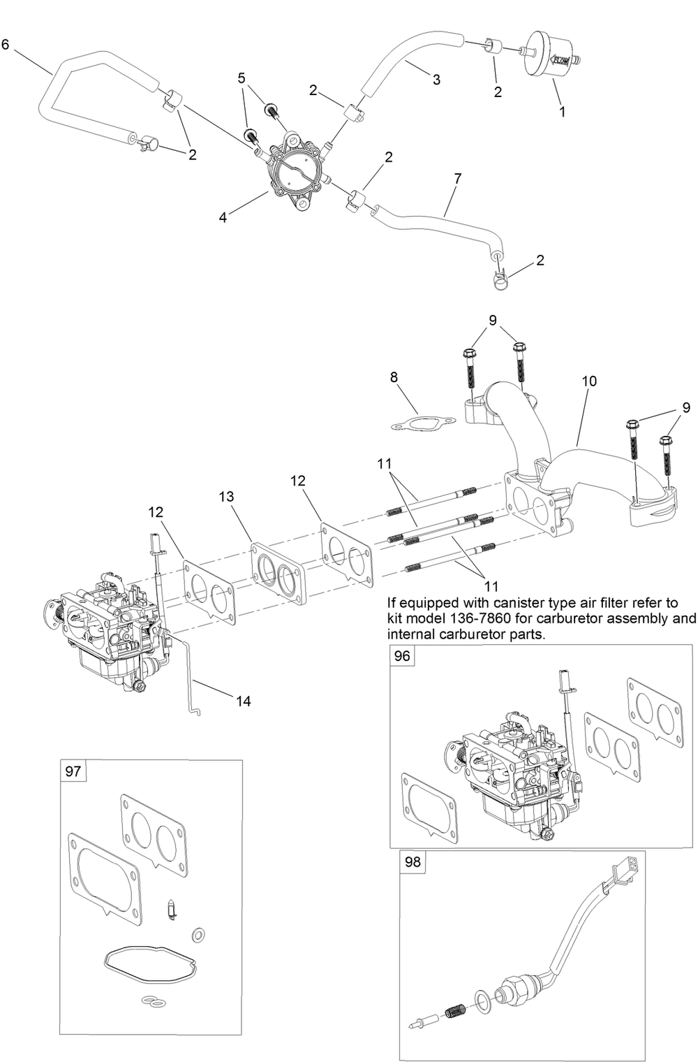 Fuel System Assembly  With Non-Canister Style Air Filter Diagram and Parts List for 74450 400000000-402099999 Toro Lawn Tractor
