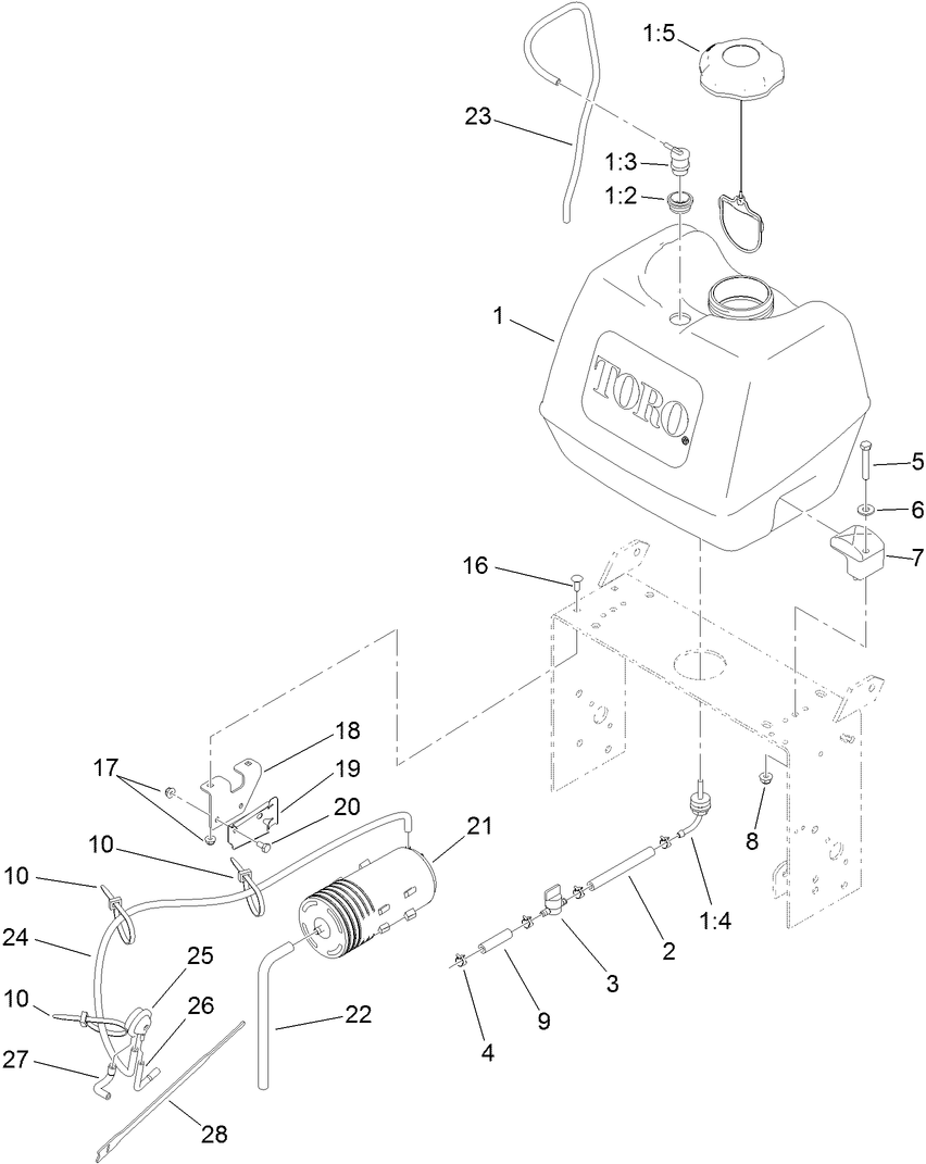 Fuel System Assembly Diagram and Parts List for 39674 400000000-404319999 Toro Lawn Mower