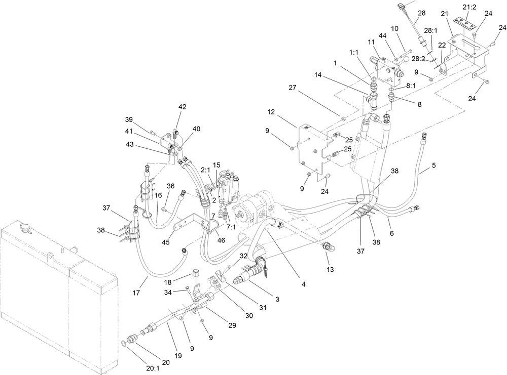 Hydraulic Plumbing Assembly No. 2 Diagram and Parts List for 25403 400000000 - 401399999 Toro Lawn Tractor Accessories