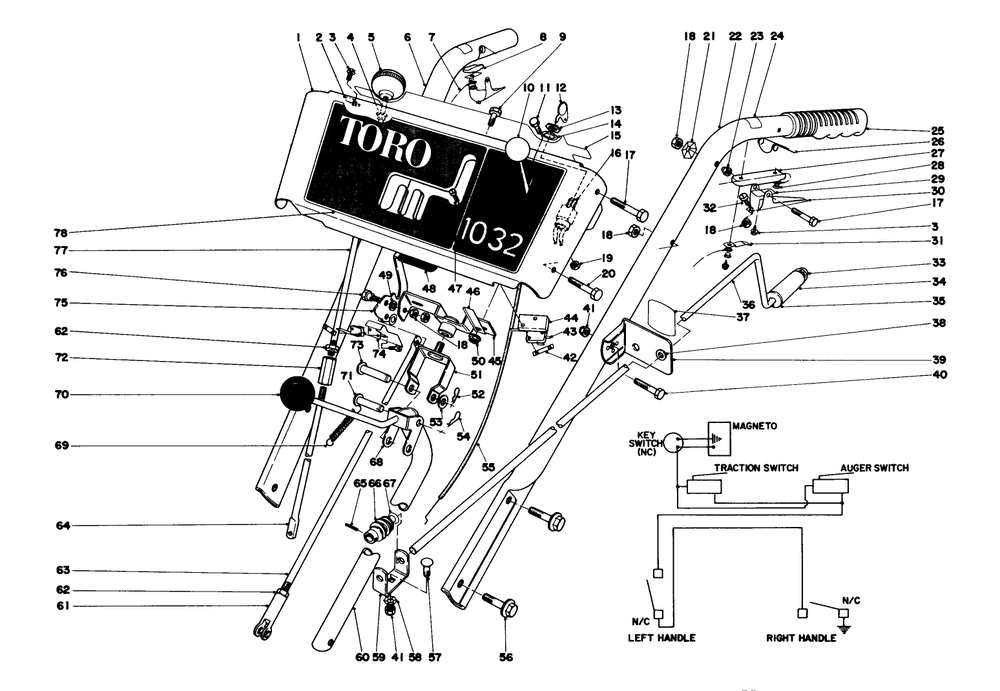 Handle Assembly Diagram and Parts List for 38070 8000001 - 8999999 Toro Snow Blower
