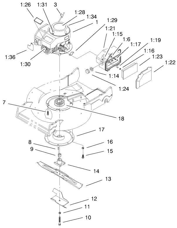 Engine & Blade Assembly Diagram and Parts List for 22038 9900001 - 9999999 Toro Lawn Mower