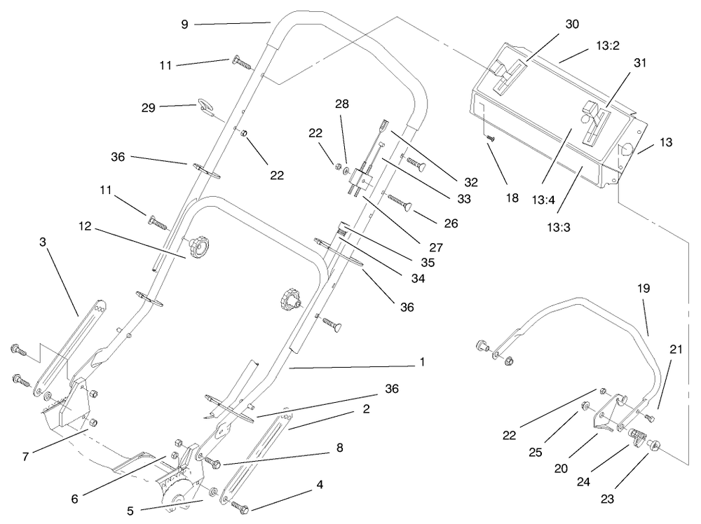 Handle Assembly Diagram and Parts List for 20776 9900001 - 9999999 Toro Lawn Mower