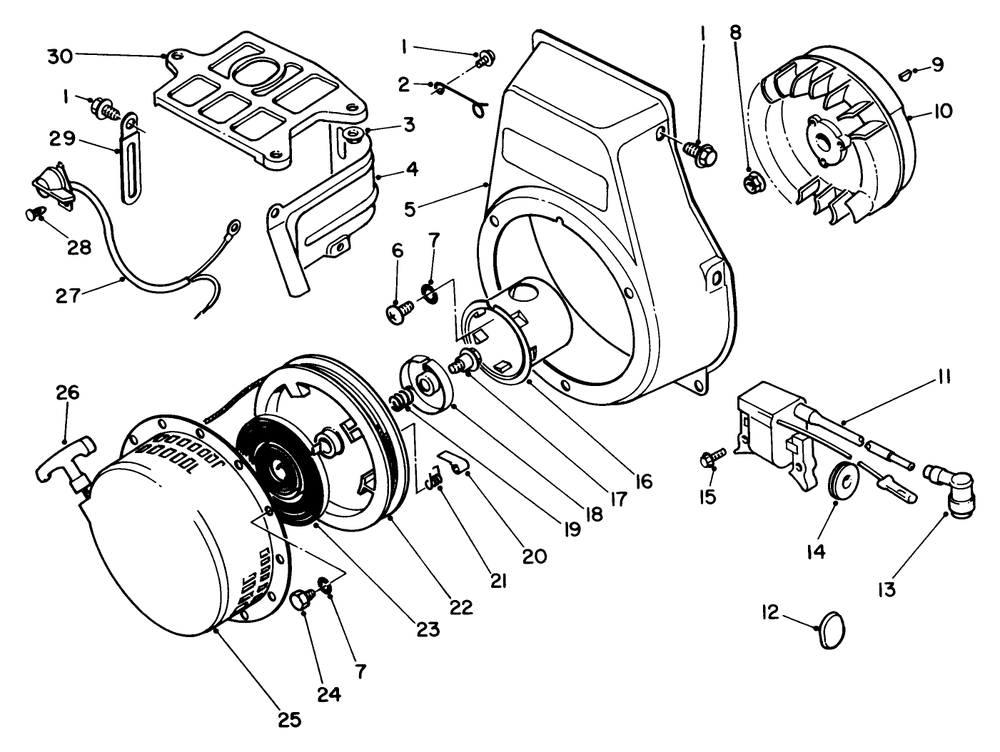 Recoil Starter Assembly Diagram and Parts List for 58435 5000001 - 5999999 Toro Edger