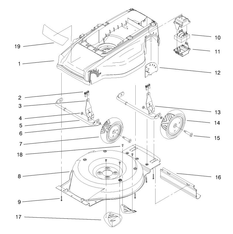 Deck, Liner And Wheel Assembly Diagram and Parts List for 20650 89000001 - 89999999 Toro Lawn Mower