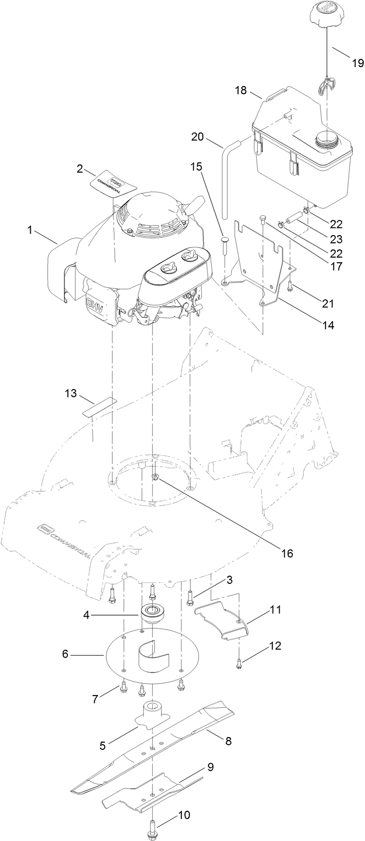 Engine And Blade Assembly Diagram and Parts List for 22295 413000000 - 999999999 Toro Lawn Mower