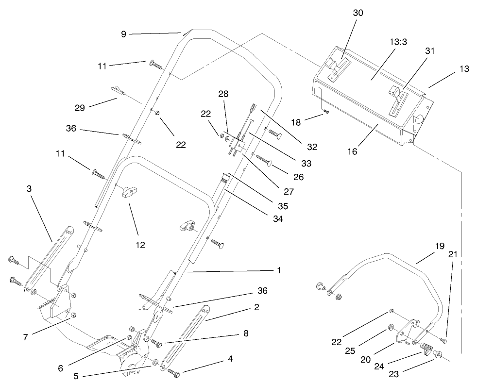 Handle & Controls Assembly Diagram and Parts List for 20044 99000001 - 99999999 Toro Lawn Mower