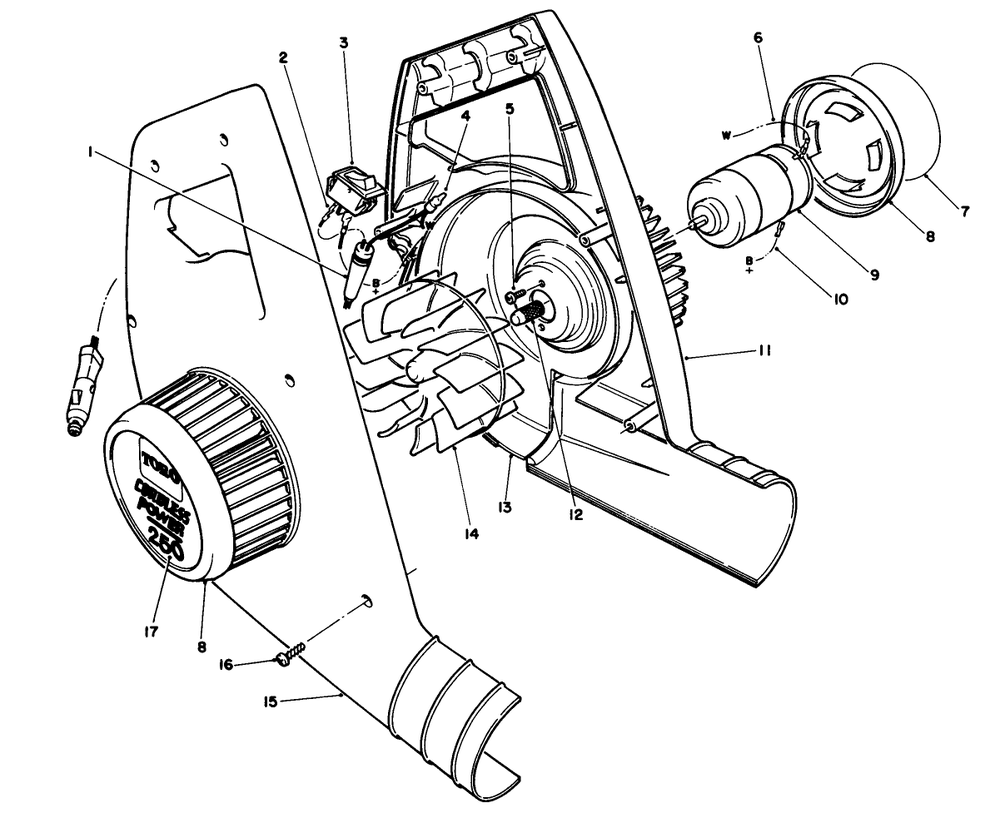 Blower Housing & Motor Assembly Diagram and Parts List for 51740 0000001 - 0999999 Toro Leaf Blower / Vacuum