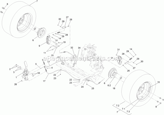 Rear Wheel And Park Brake Assembly Diagram and Parts List for 74942TE 314000001-314999999 Toro Lawn Mower