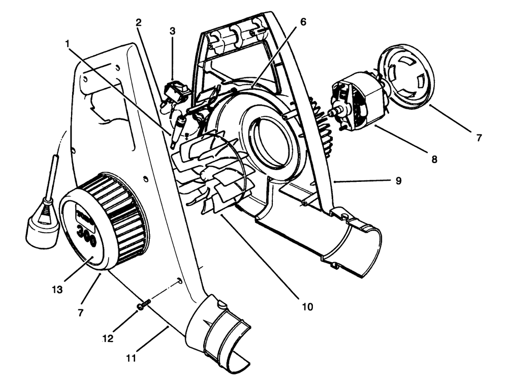 Blower Housing & Motor Assembly Diagram and Parts List for 51580 59000001 - 59999999 Toro Leaf Blower / Vacuum