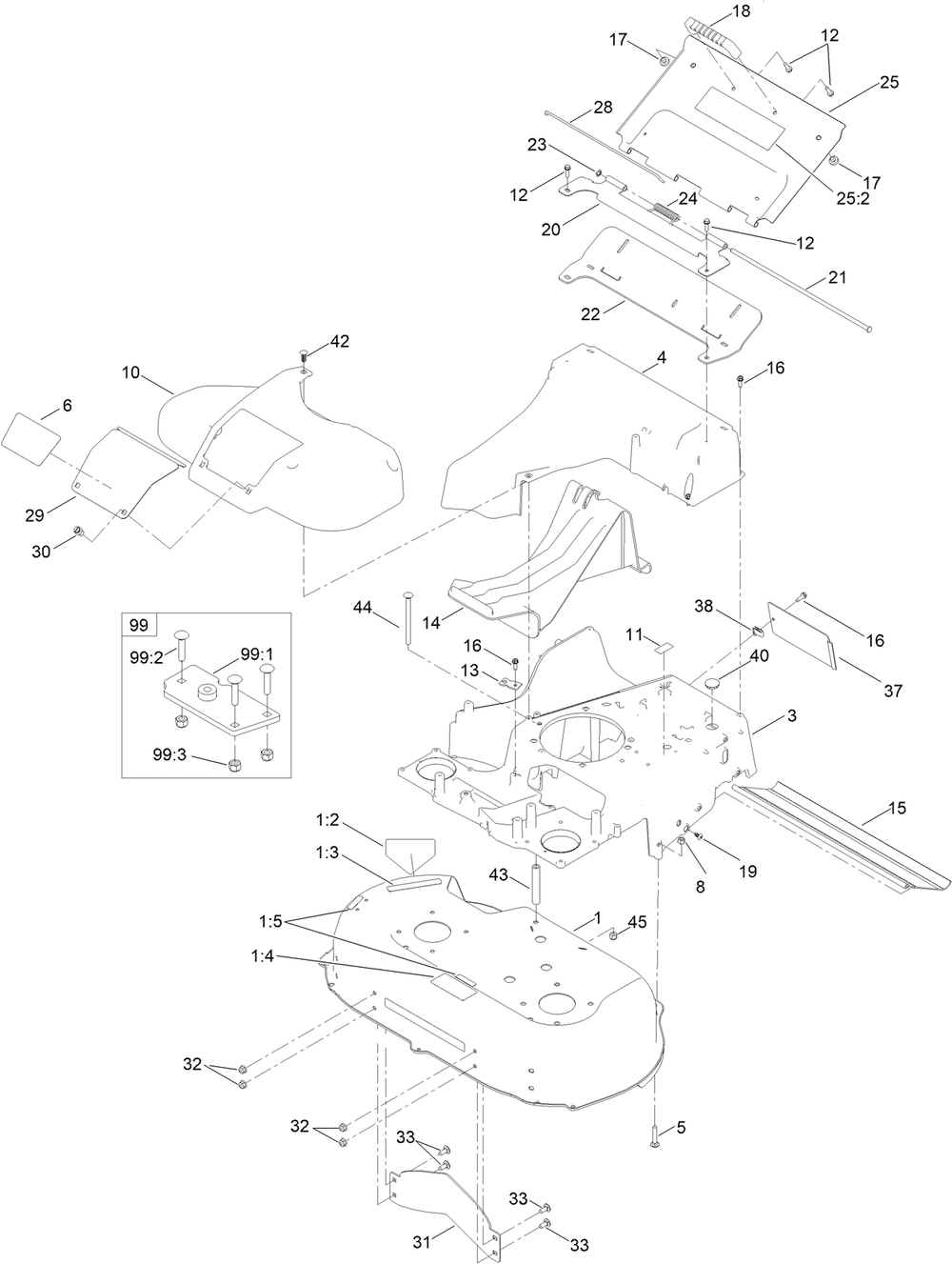 Deck, Frame And Chute Assembly Diagram and Parts List for 22235 400000000 - 412999999 Toro Lawn Mower