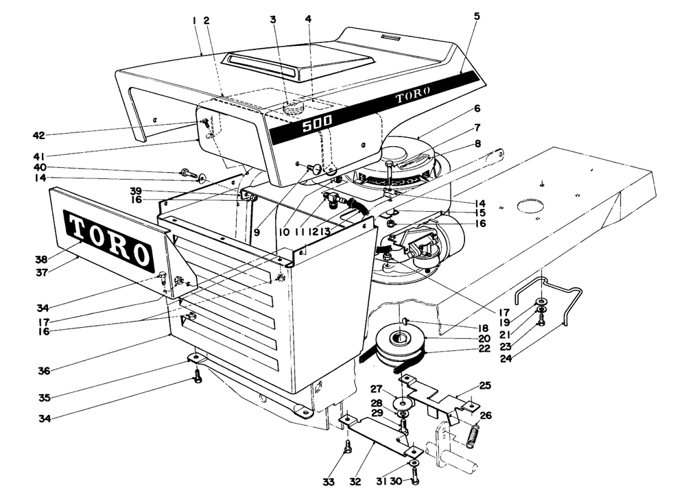 Hood And Engine Assembly Diagram and Parts List for 57003 3000001 - 3999999 Toro Lawn Tractor