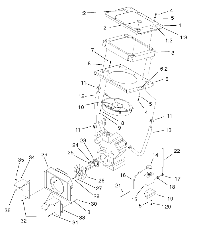 Cooling System Assembly Diagram and Parts List for 74214 (230000001-230006000)(2003) Toro Lawn Mower