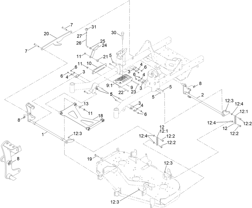 Deck Lift Assembly Diagram and Parts List for 76601 414709526 - 415074043 Toro Lawn Tractor
