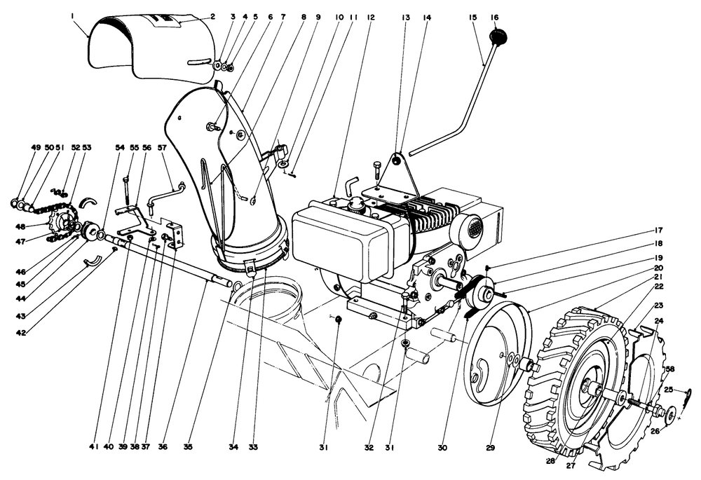Engine And Drive Assembly Diagram and Parts List for 31304 4000001 - 4999999 Toro Snow Blower