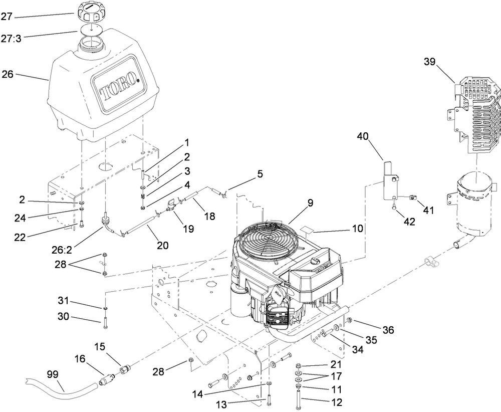 Engine And Fuel Tank Assembly Diagram and Parts List for 38694 (290000001-290999999)(2009) Toro Lawn Mower