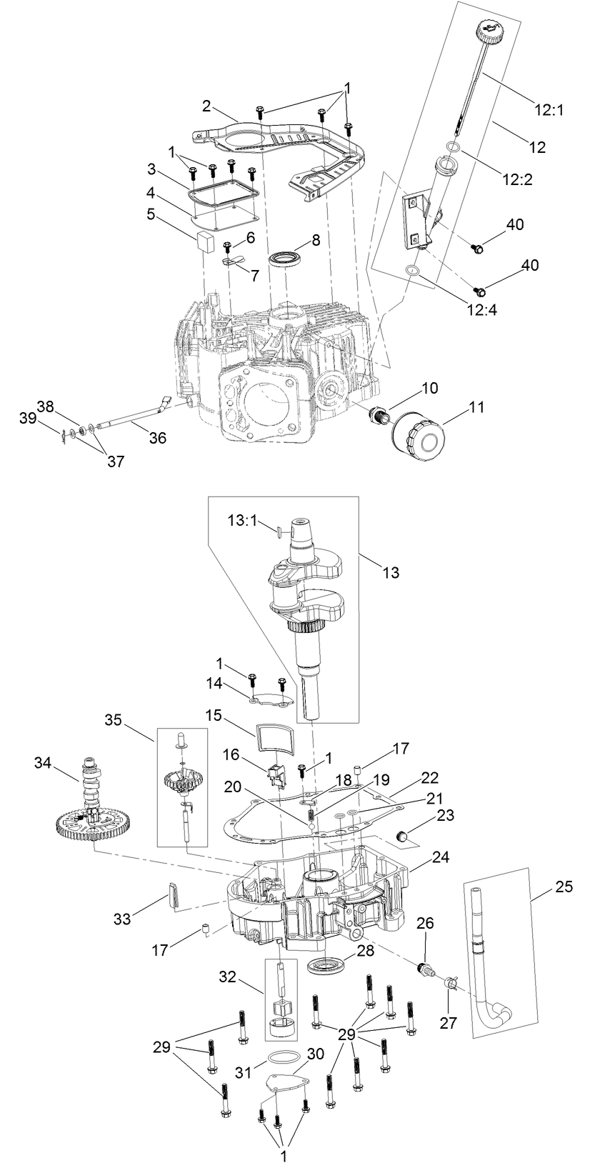 Crankcase And Crankshaft Assembly Diagram and Parts List for 74466TE 400000000-999999999 Toro Lawn Tractor